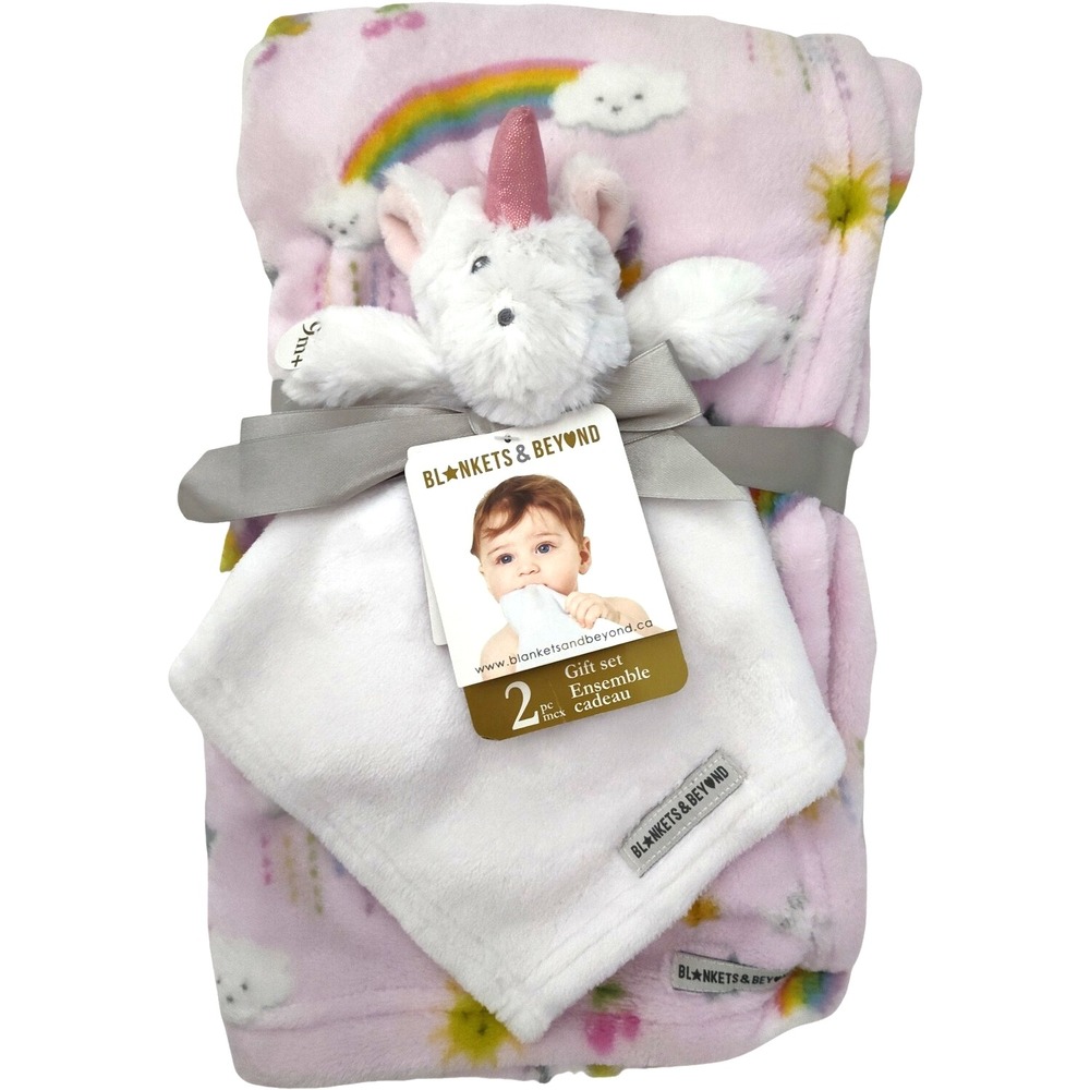 Blankets & Beyond Unicorn Rainbow Baby Blanket Lovey Security Set NWT Pink White